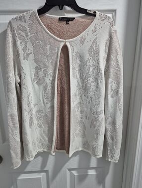 Preston & York Cream Open-Front Floral Knit Cardigan with Blush Lining